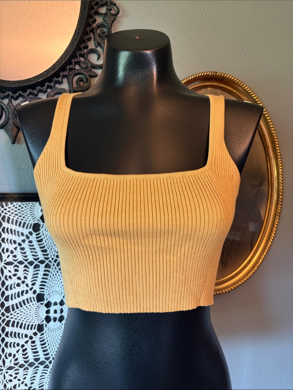 LITA by Ciara Square-Neck Ribbed Crop Tank Top - Mustard